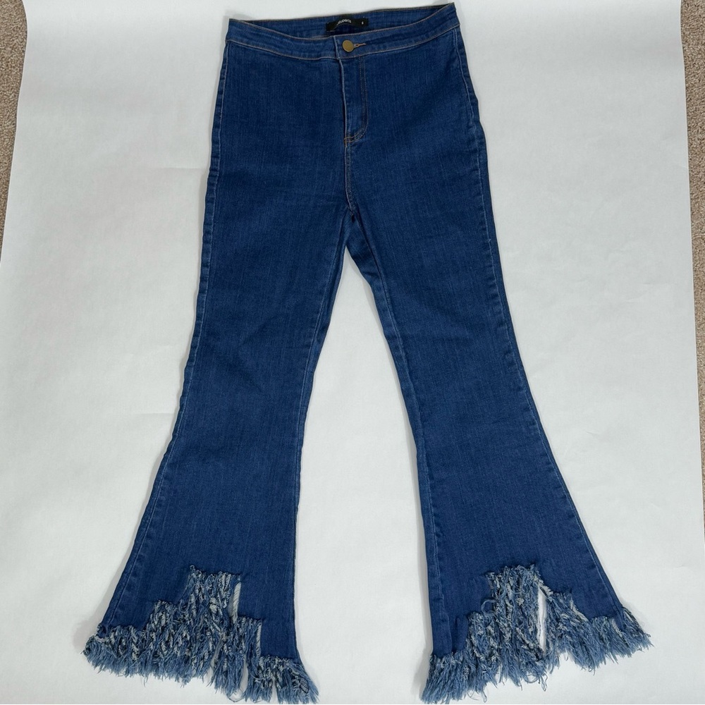 JRoberts Fit & Flare Jeans High Elasticity Blue Denim Distressed Raw Hem Small